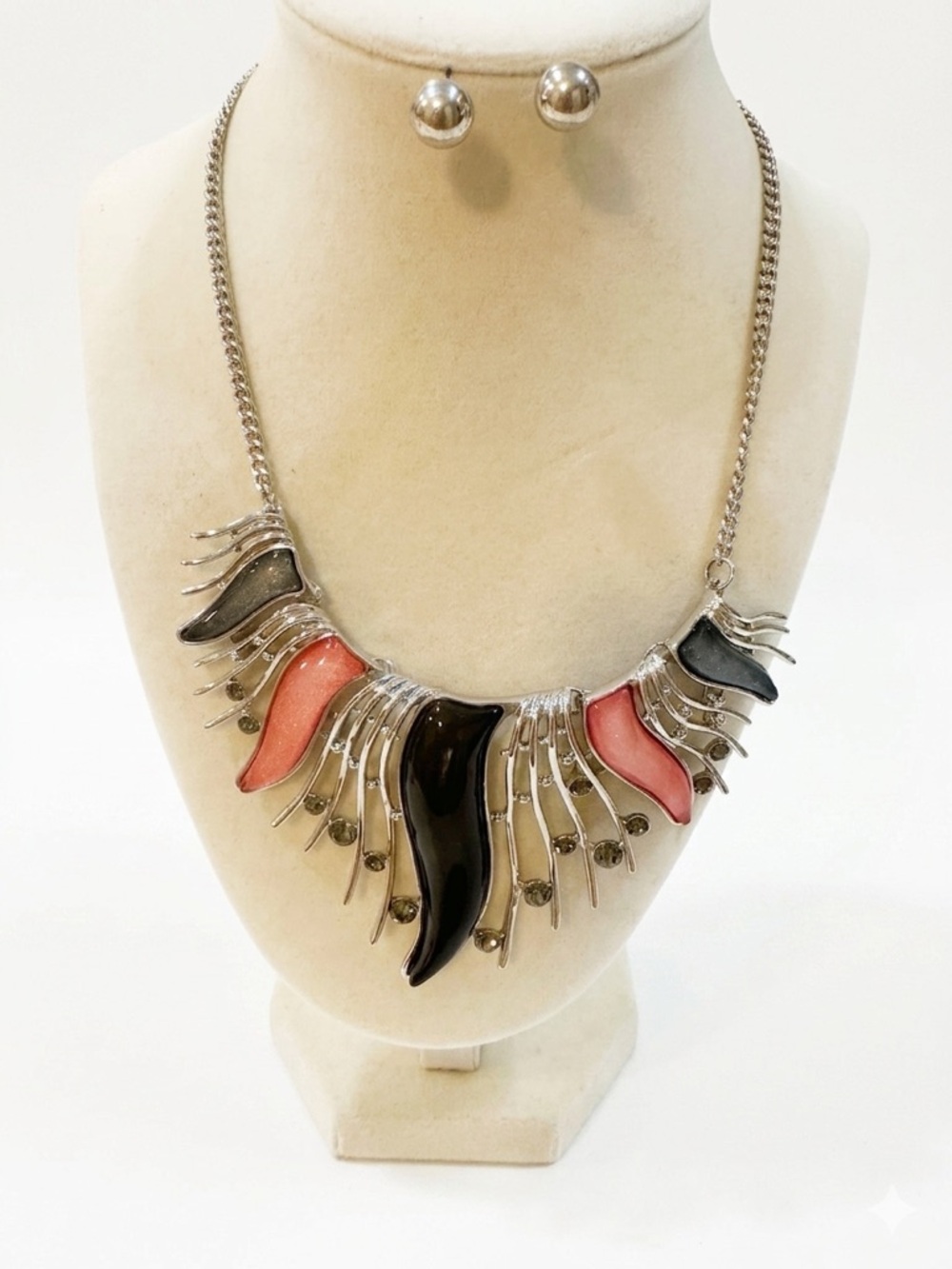 Vintage-Style Silver Tone Avant-Garde 14”- 17” Statement Necklace & Earring Set - Picture 1 of 8